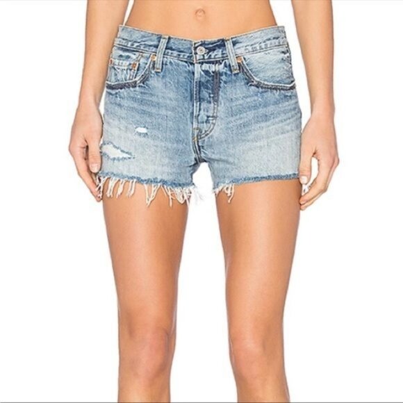 LEVI's 501 premium high waisted distressed shorts raw hem Waveline wash  26 - Picture 1 of 9